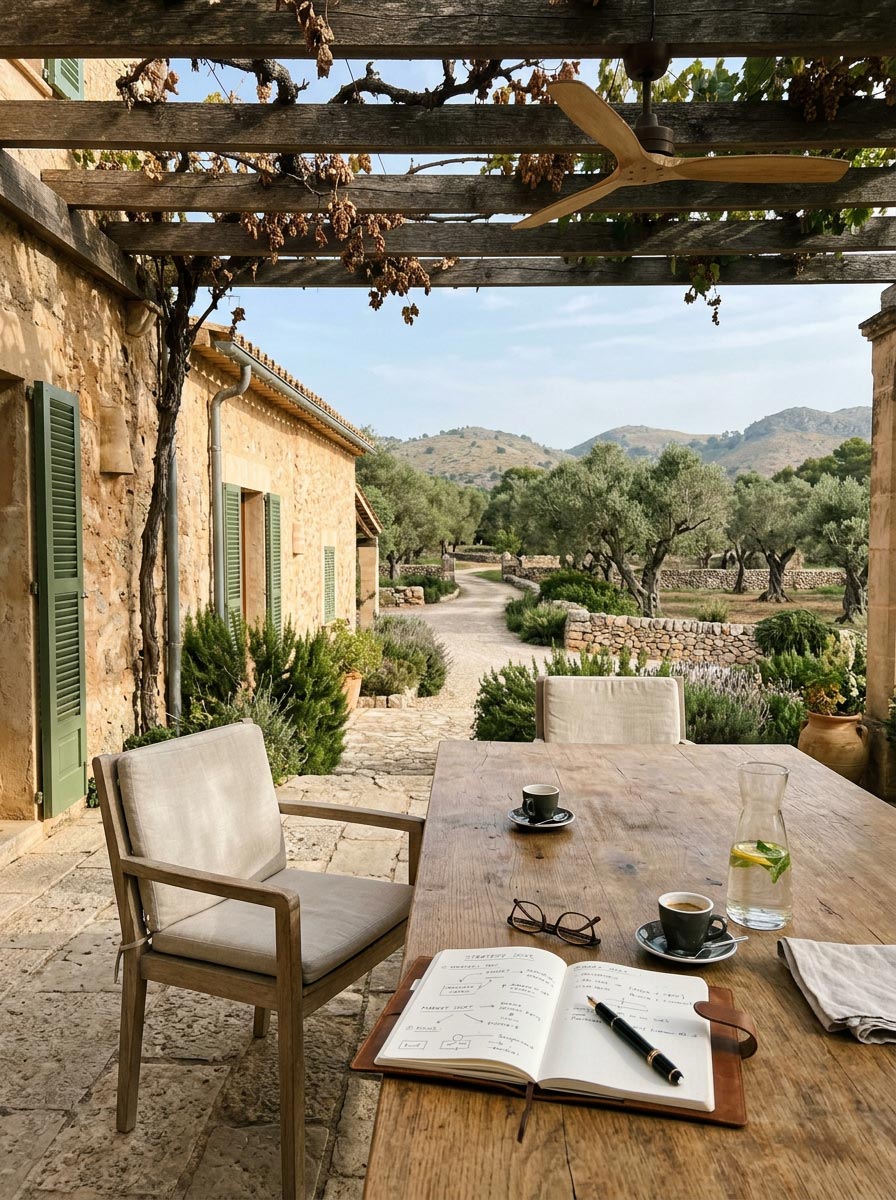 Mallorquinische Finca als Business-Retreat mit Arbeitstisch unter Pergola