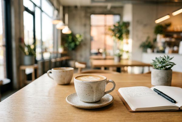 Bläsing Beratung Erstgespräch: Cappuccino und Notizbuch im modernen Café, vertrauliche Krisenberatung