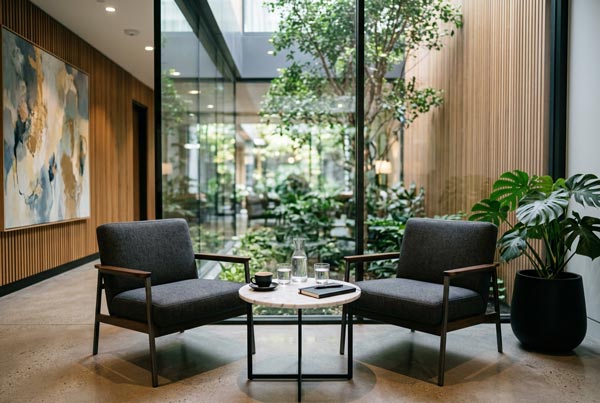 Bläsing Beratung Lounge: Moderne Hotel-Lounge als Rückzugsort für strategische Gespräche unter vier Augen