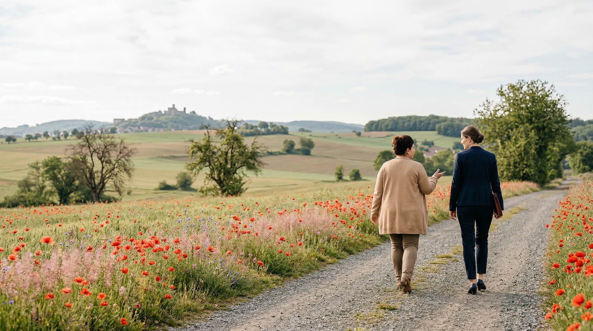 Yvonne Bläsing im Gespräch mit einer Unternehmerin, Spaziergang durch die Wetterau